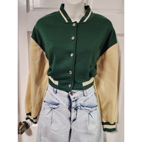 Shein Colorblock Drop Shoulder Crop Varsity Jacket Dark Green - Picture 7 of 9